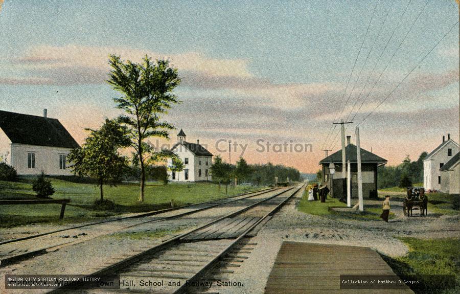 Postcard: Hancock, Maine.  Town Hall, School and Railway Station